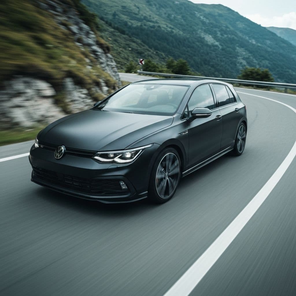 Volkswagen Golf noire sur une route de montagne
